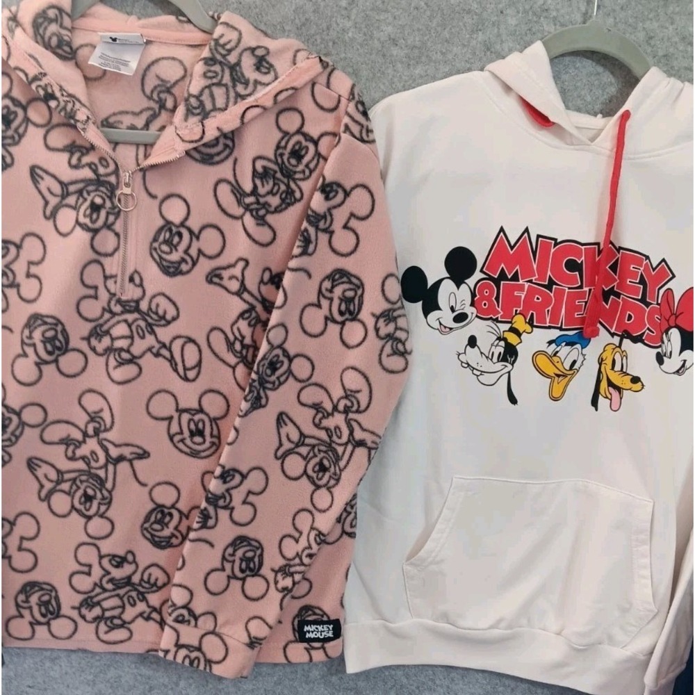 2 Mickey Mouse M/L Fleece Hoodie Sweatshirts Logo Friends Retro 1/4 Zip GUC